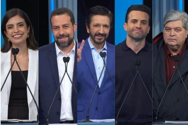Imagem colorida mostra candidatos à Prefeitura de São Paulo no debate da TV Globo