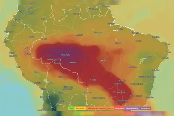 Imagem colorida de Mapa com áreas 'insalubre' na qualidade do ar - Metrópoles