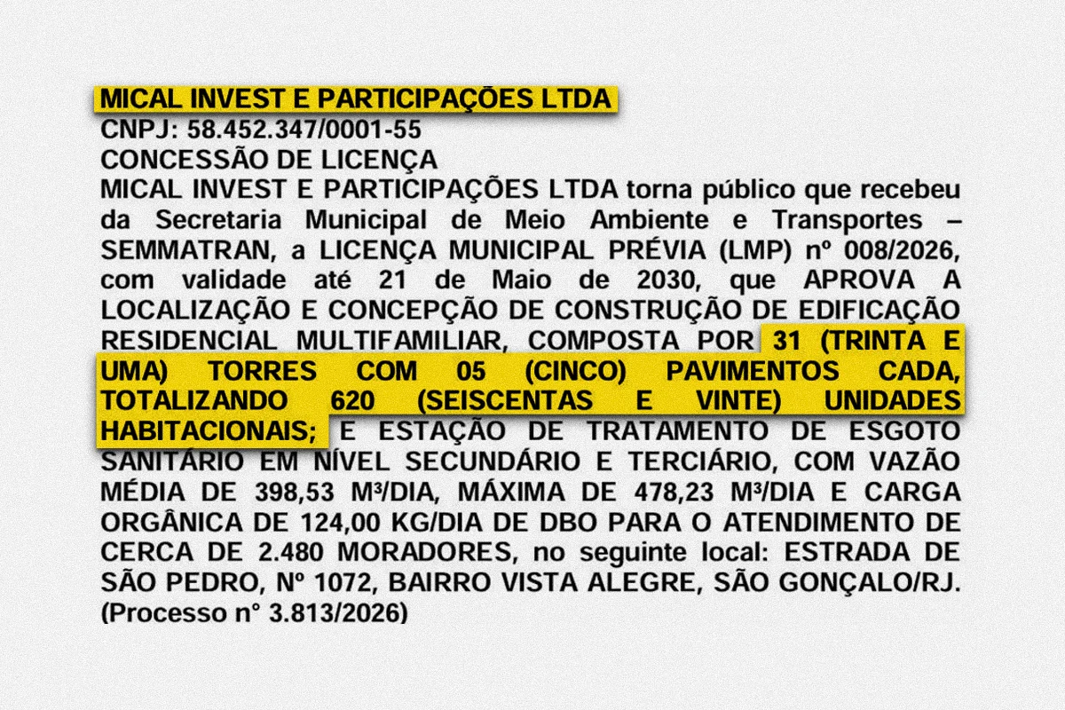 Licenciamento saiu no Diário Oficial da Prefeitura de São Gonçalo em junho deste ano Licenciamento saiu no Diário Oficial da Prefeitura de São Gonçalo em junho deste ano