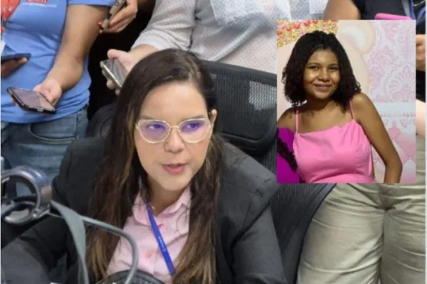Montagem com foto colorida de Emily e coordenadora da perícia durante coletiva de imprensa - Metrópoles