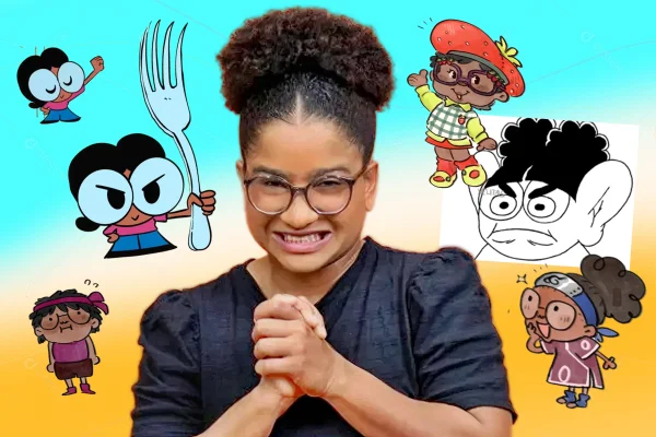 Montagem com Tia Milena, participante do BBB 26, e várias ilustrações que a representam como personagem de desenho animado
