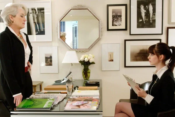 Na imagem com cor, foto das personagens Miranda Prisley e Andy em O Diabo Veste Prada - metrópoles