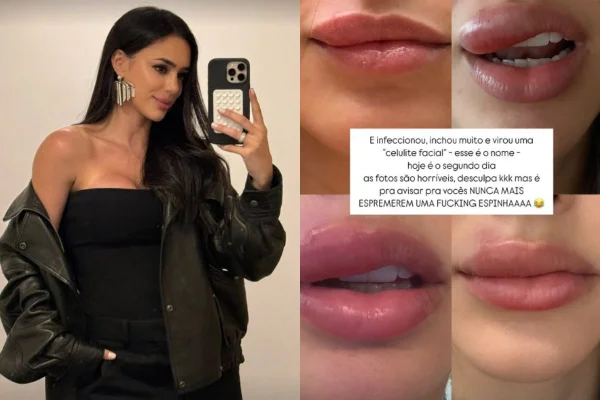Montagem colorida com prints de fotos da influenciadora Bruna Biancardi