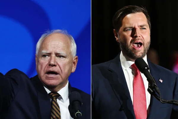 Imagem colorida de Tim Walz e J.D.Vance - Metrópoles