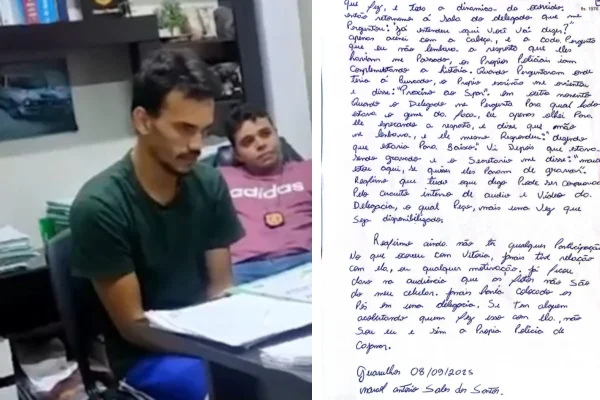 Imagem colorida de montagem com Maicol Sales do lado esquerdo e a carta que ele escreveu do lado direito. Metrópoels
