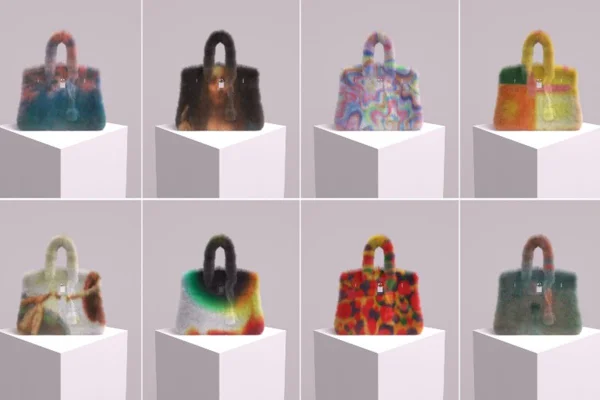 Montagem com bolsas em NFT. Elas estão sobre um bloco branco e cada uma recebe uma estampa diferente - Metrópoles