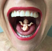 Ela também é provocativa, como essa imagem que ela intitulou Manjedoura Ela também é provocativa, como essa imagem que ela intitulou Manjedoura