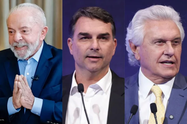 Montagem com fotos de Lula, Flávio Bolsonaro e Ronaldo Caiado feitas por Ricardo Stuckert, Luis Nova e Kebec Nogueira