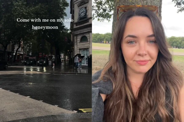 Foto colorida de uma mulher e uma foto de Londres - Metrópoles