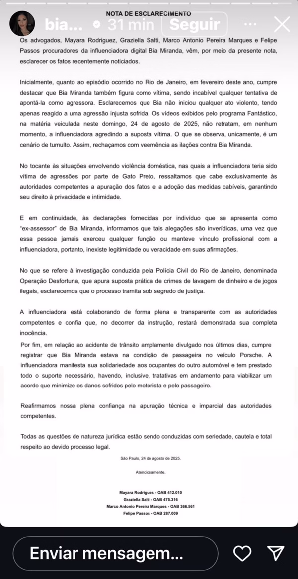 1-3354 Bia Miranda reage após novas acusações contra Gato Preto virem à tona