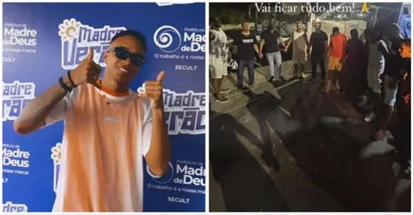 Imagem do cantor Hiago Danadinho, ao lado, um print de várias pessoas orando - Metrópoles