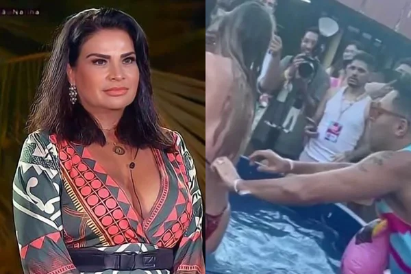 À esquerda, Solange Gomes; à direita, Tirullipa tira biquíni de convidadas da Farofa da Gkay - Metrópoles