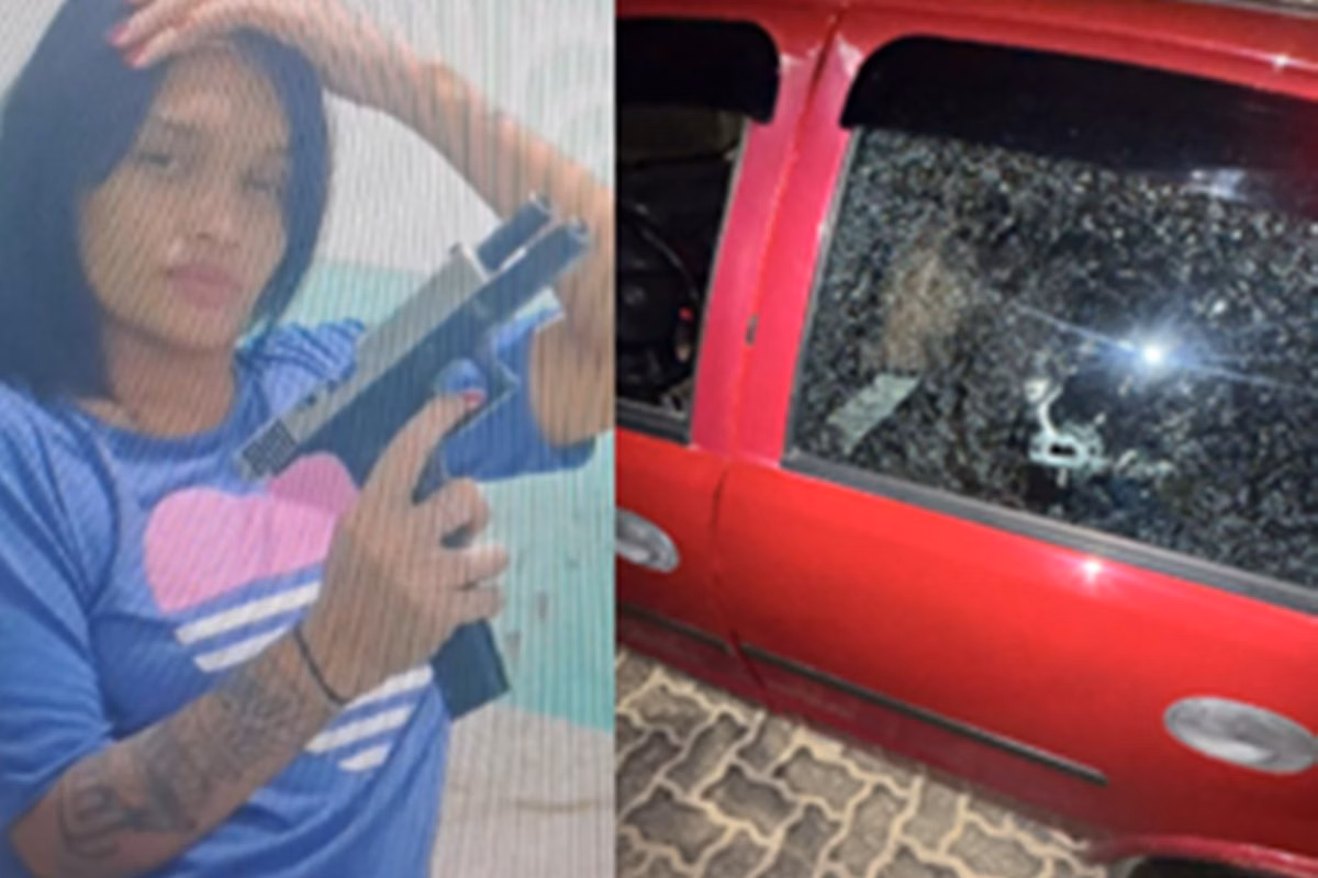 Foto colorida de mulher com arma à esquerda. À direita, foto do carro baleado