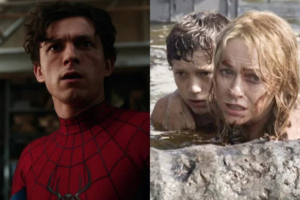 Montagem de imagens mostra Tom Holland (à esquerda) como Homem-Aranha e cena do filme O Impossível (á direita) - Metrópoles