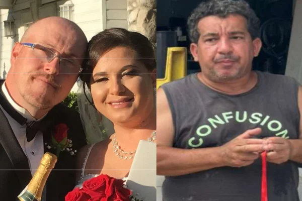 Casal com roupa de casamento, esquerda, e homem cm camiseta à direita - Metrópoles