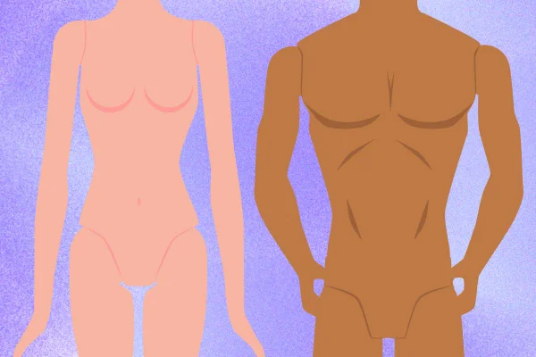 Imagem colorida de ilustração dois corpos nus sem as genitais, nullos - Metrópoles