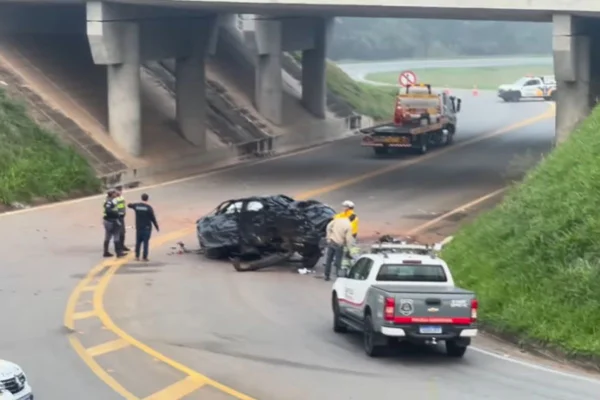 O acidente aconteceu na Rodovia Professor José André de Lima, em Mococa. Carro perdeu o controle, despencou da ribanceira e caiu no viaduto - Metrópoles