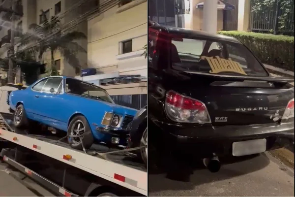 Imagem colorida mostra carros apreendidos em evento de racha. Metrópoles