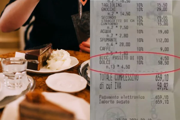 Foto colorida de um bolo e uma conta de restaurante - Metrópoles