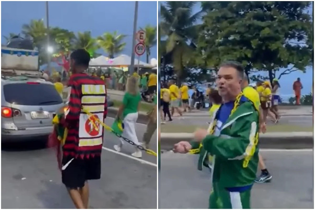 Apoiador de Flávio Bolsonaro puxando homem acorrentado com menção ao PT Apoiador de Flávio Bolsonaro puxando homem acorrentado com menção ao PT