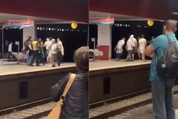 Passageiros flagraram o momento em que seis torcedores do Palmeiras agrediram um homem na Estação Tamanduateí, da linha 10-Turquesa, em SP - Metrópoles