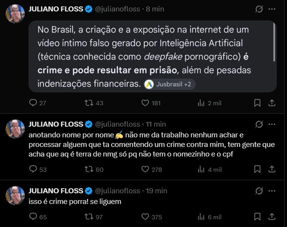 Juliano Floss reage após ser vítima de vídeo íntimo falso: “Processar” - imagem 1 Juliano Floss reage após ser vítima de vídeo íntimo falso: “Processar” - imagem 1