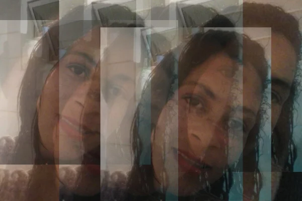 Arte gráfica sobre foto de mulher parda, com efeito de transparência em quatro fotos idênticas dela, justapostas, com ela sorrindo para a câmera; ela foi morta pelo filho, um menino de 9 anos - Metrópoles