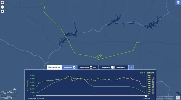 Imagem colorida mostra reprodução de trajetória de aeronave da VoePass que saiu de Rio Verde (GO) e precisou aterrissar em Uberlândia (MG) - Metrópoles