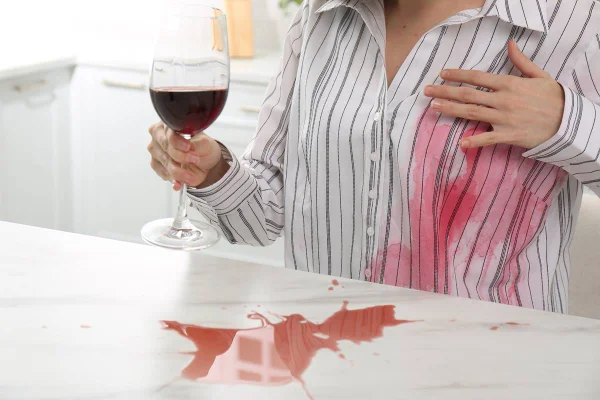 Vinho tinto derramado na camisa listrada de uma mulher - Metrópoles