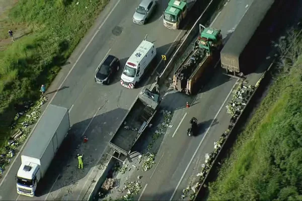 Caminhão carregado com bananas tomba e interdita rodovia em MG; vídeo