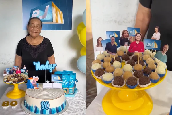 Dona Nadyr, sorrindo na foto da esquerda, fez aniversário com tema do telefornal da Globo, RJ1. Nas fotos justapostas se vê o bolo e doces decorados nas cores do programa e miniaturas em papel dos apresentadores e repórteres - Metrópoles