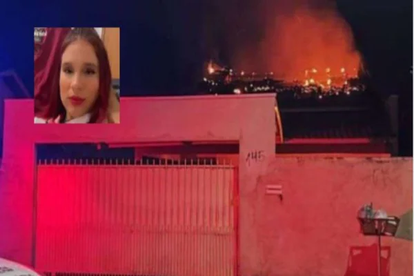 Imagem colorida, foto da vítima e uma imagem de sua residência sendo incendiada - Metrópoles