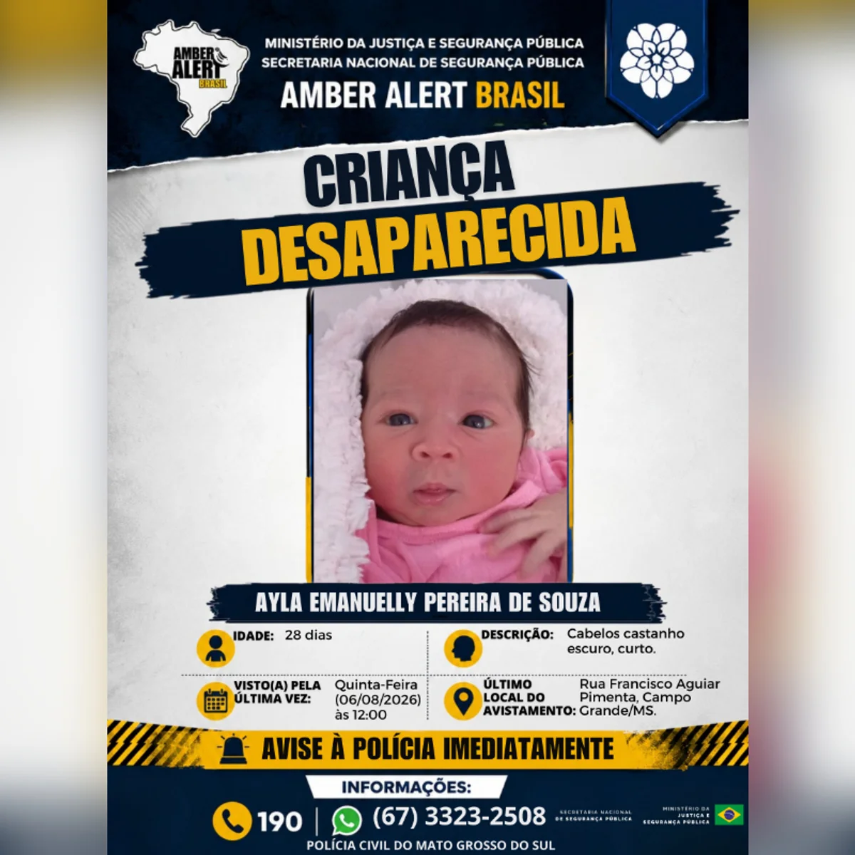 Ministério da Justiça emite alerta após bebê de 28 dias desaparecer em MS