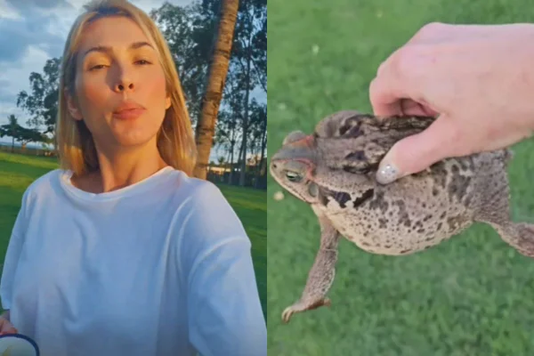 Foto colorida de Livia Andrade e um sapo - Metrópoles
