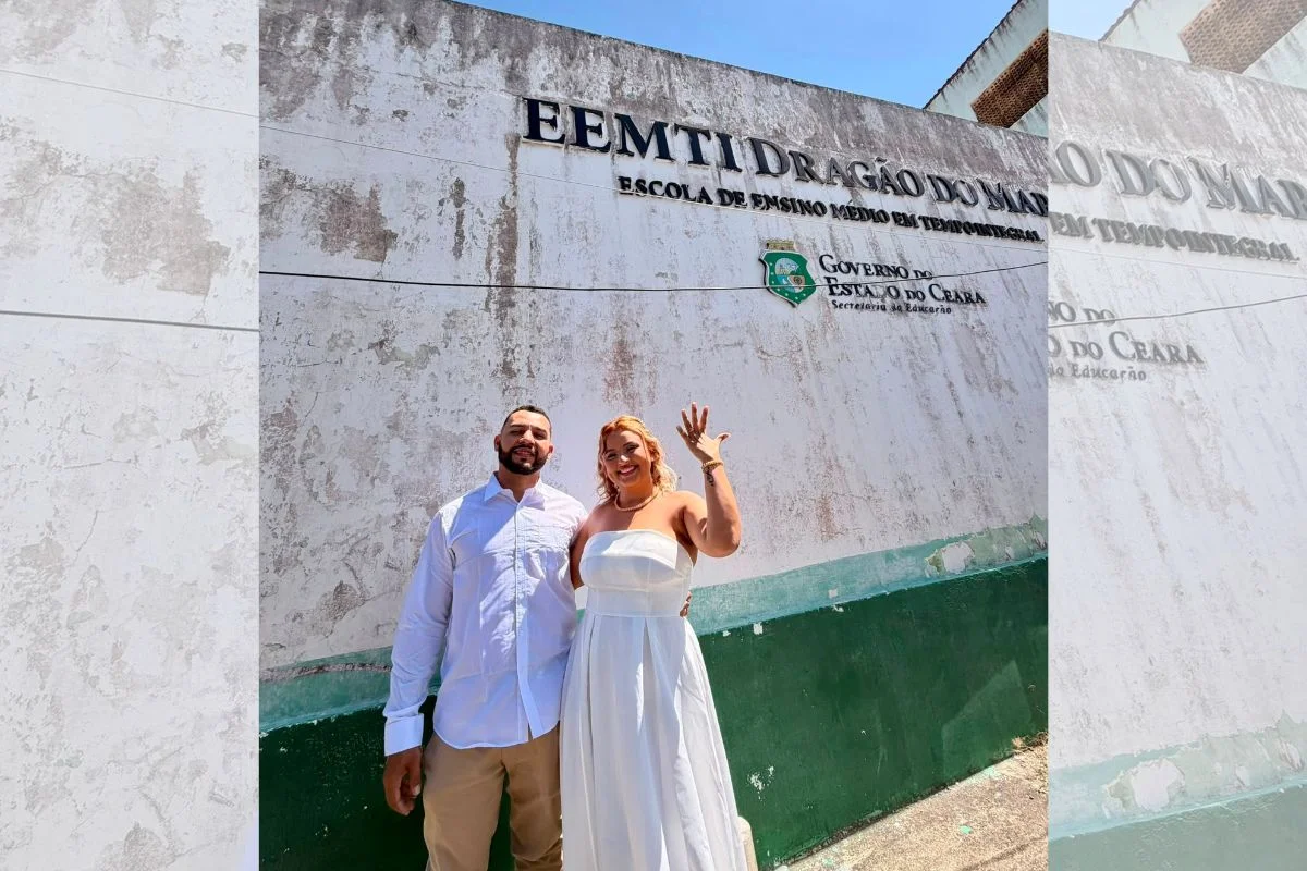 De alunos a noivos: casal eterniza 17 anos de amor em ensaio de casamento na escola onde se conheceu em Fortaleza
