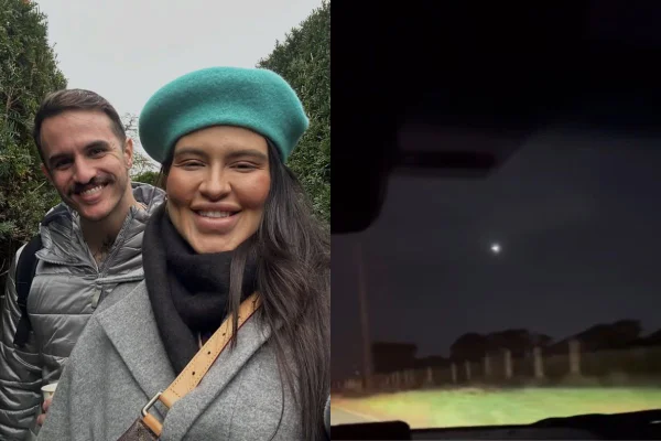 Montagem com fotos coloridas de casal e cena gravada em estrada