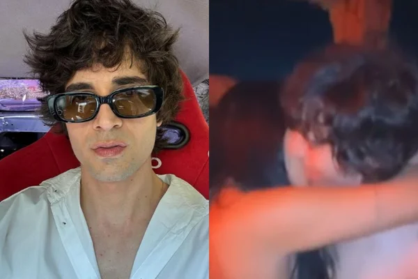 Montagem colorida de Fiuk beijando uma influenciadora - Metrópoles