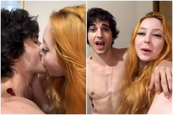 Montagem colorida com prints do vídeo onde Fiuk aparece beijando modelo