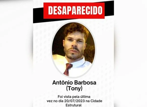 Imagem com foto de homem que está desparecido há seis dias no DF, ele usa uma camisa social branca e uma gravata vermelha. O fundo da imagem é branca