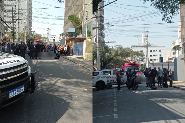 Imagem colorida de montagem de suspeito baleado no chão. Metrópoles