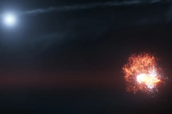 Ilustração colorida de asteroides colidindo, provocando uma explosão. - Metrópoles.