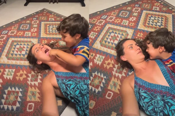 Montagem de duas imagens colorida de Giulia olhando para o filho