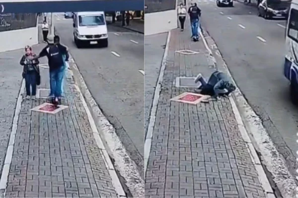 Montagem colorida mostrando momento em que "gangue do patinete" ataca idosa em rua