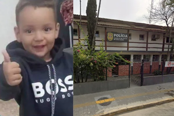 Imagem colorida de montagem de criança do lado esquerdo e delegacia de polícia do lado direito. Menino Pedrinho foi encontrado morto aos 2 anos de idade. -Metrópoles