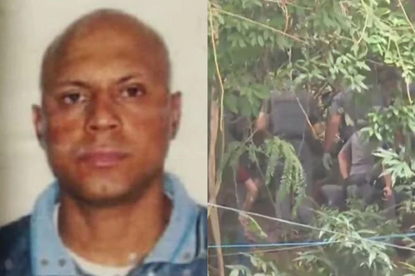 Montagem com homem à esquerda e policiais em diligência em meio de mata à direita