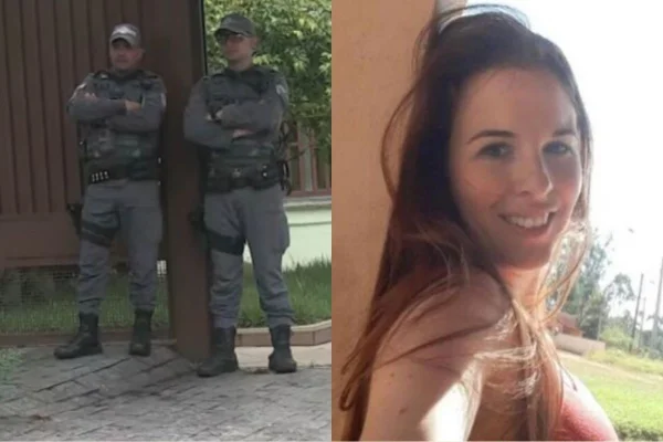 Imagem colorida mostra policiais em frente à casa do tio de Suzane von Richthofen