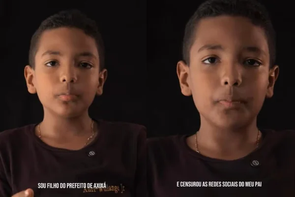 Colagem colorida de criança vestida com blusa preta, em um fundo preto. -Metrópoles.