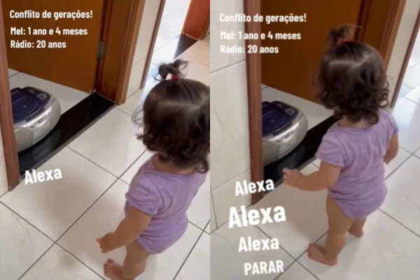 Foto colorida de um bebê com roupa roxa - Metrópoles