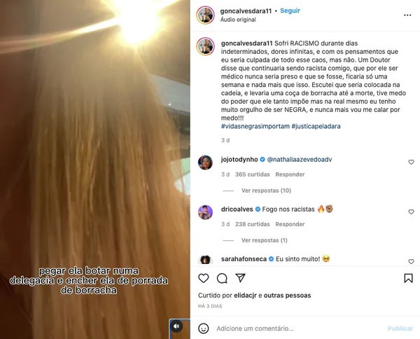 A jogadora de futebol Dara Augusta, 19 anos, denunciou ameaças e declarações racistas que teriam sido feitas pelo cirurgião plástico Domingos Quintella de Paolla, 68 anos