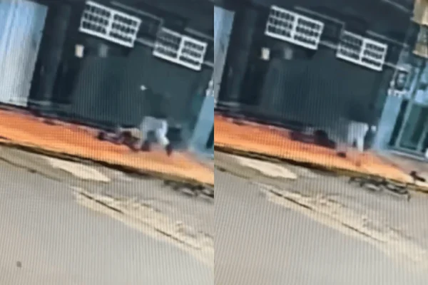 Colagem colorida de homem em situação de rua sendo morto por suspeito armado - Metrópoles